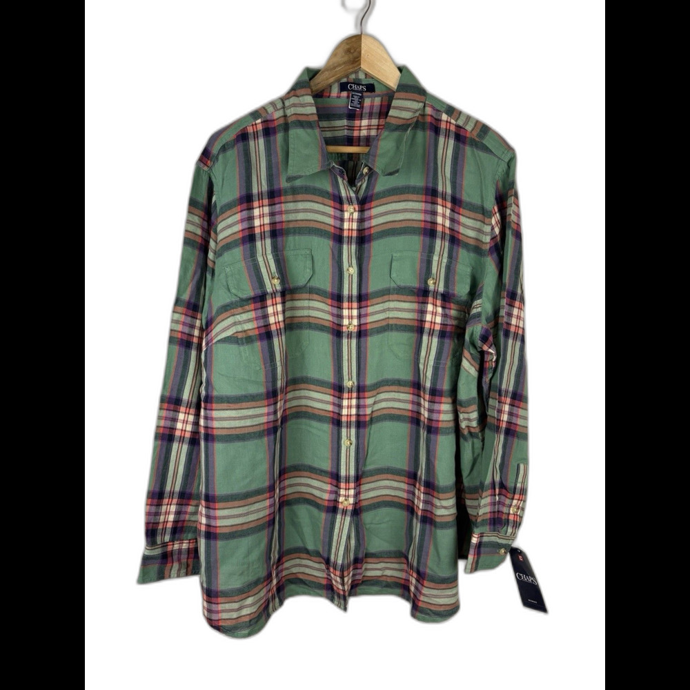 Chaps Green Plaid Button-Up Shirt Women’s 3XL Cotton Long Sleeve Pockets